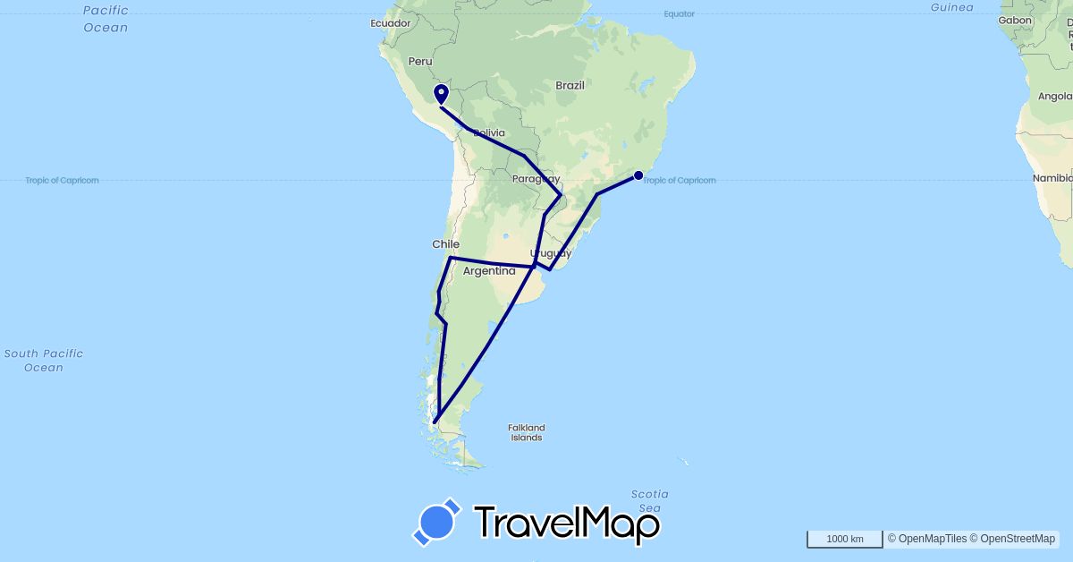 TravelMap itinerary: driving in Argentina, Bolivia, Brazil, Chile, Peru, Paraguay, Uruguay (South America)