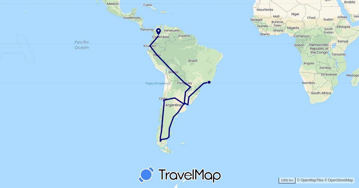 TravelMap itinerary: driving in Argentina, Bolivia, Brazil, Chile, Colombia, Ecuador, Paraguay, Uruguay (South America)